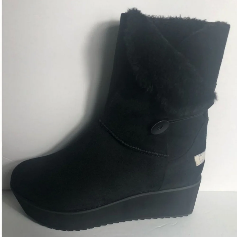 New Womens Size 8 Black Suede Warm Winter Fashion Wedge Snow Casual Boots - Picture 3 of 6